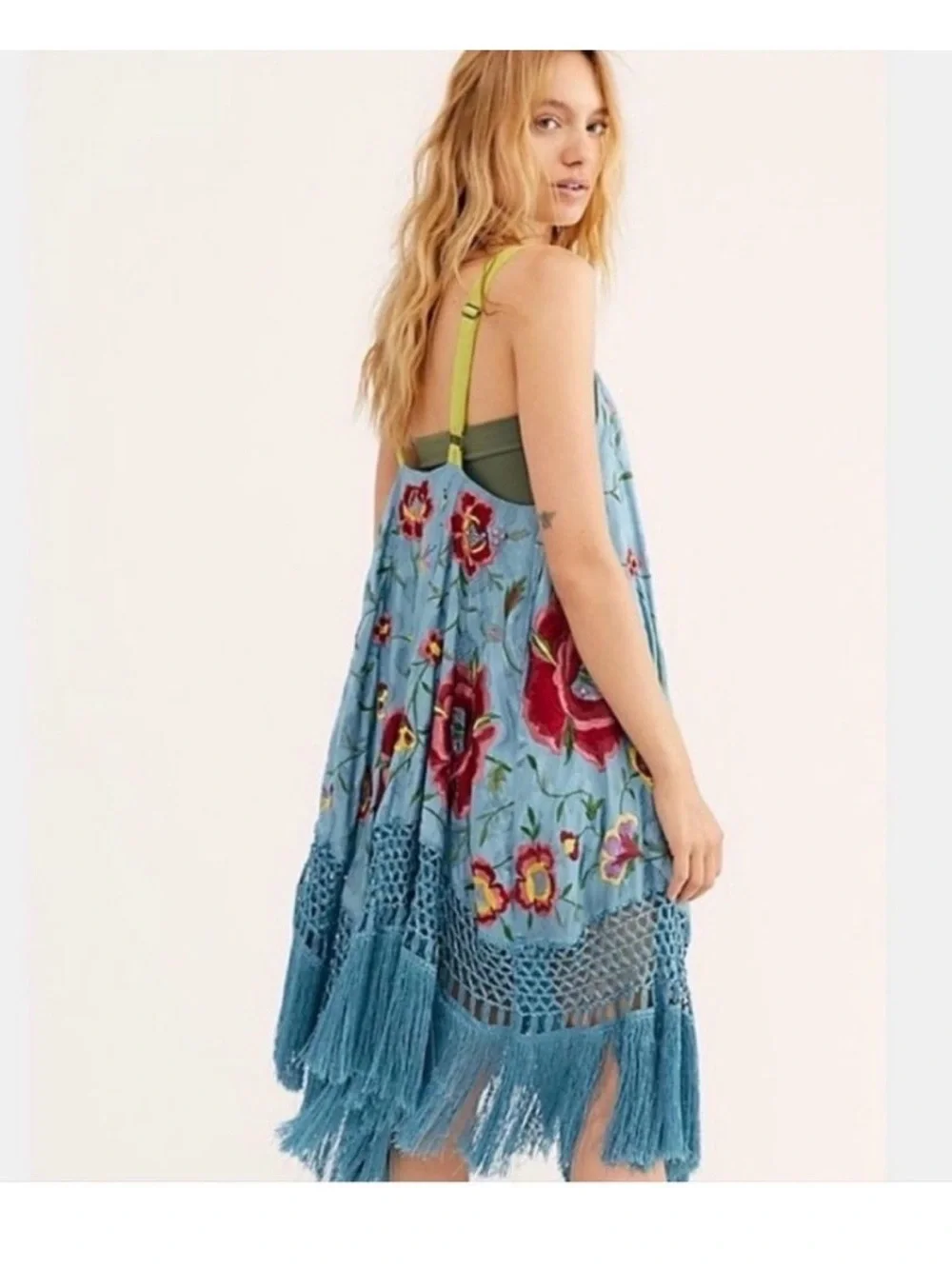 Free People Wonderer Trapeze Light Blue Embroidered Maxi Dress with Lime Straps - Picture 2 of 7
